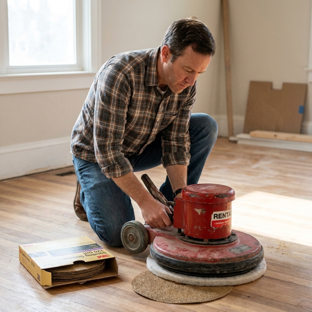A rental floor buffer with a sanding screen under it sitting on a hardwood floor, with a sanding screen package nearby