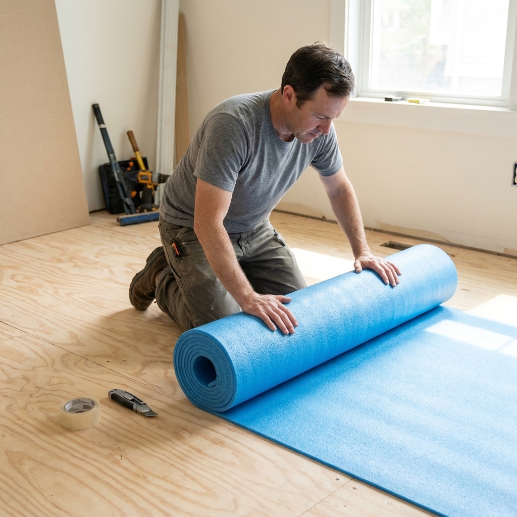 A roll of flooring underlayment being unrolled across a clean subfloor before installing a floating floor