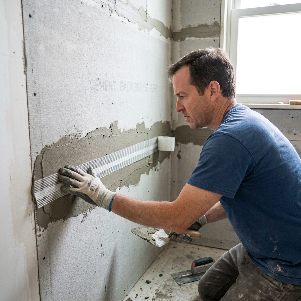 A shower wall covered in cement backer board with alkali-resistant mesh tape embedded in thinset along the horizontal seam