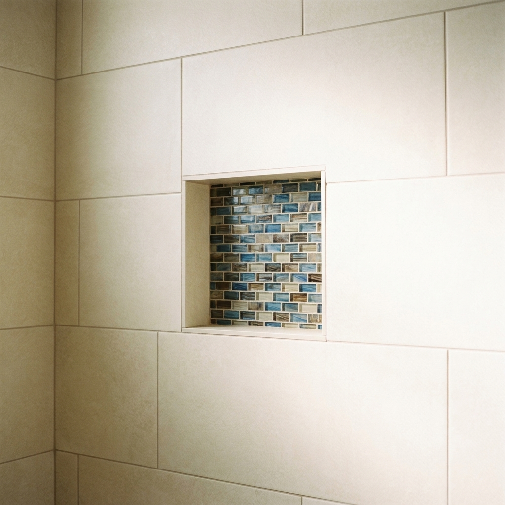 A shower wall with large porcelain tiles and a recessed niche lined with small mosaic tile, showing neat edges and straight grout lines