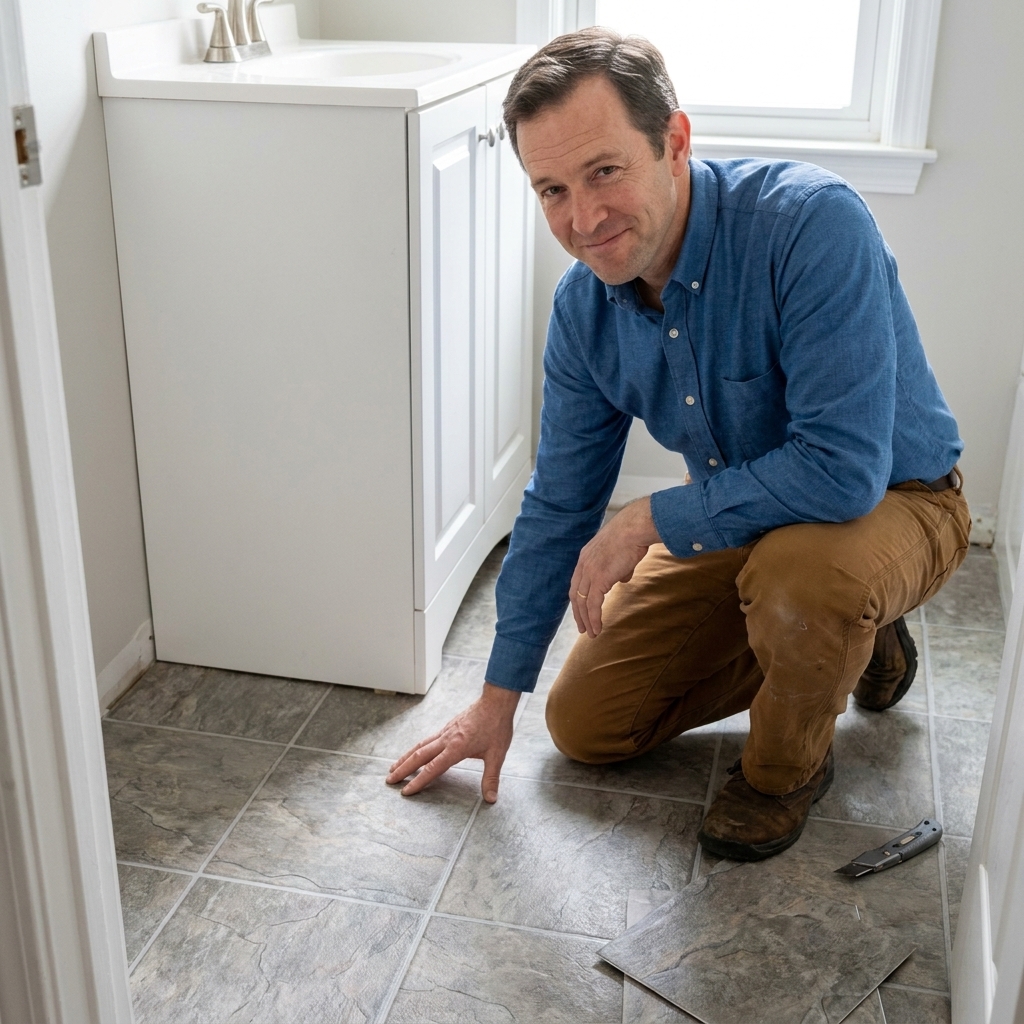 A small bathroom floor finished with peel-and-stick vinyl tiles that resemble gray stone, with a white vanity and clean grout-like seams