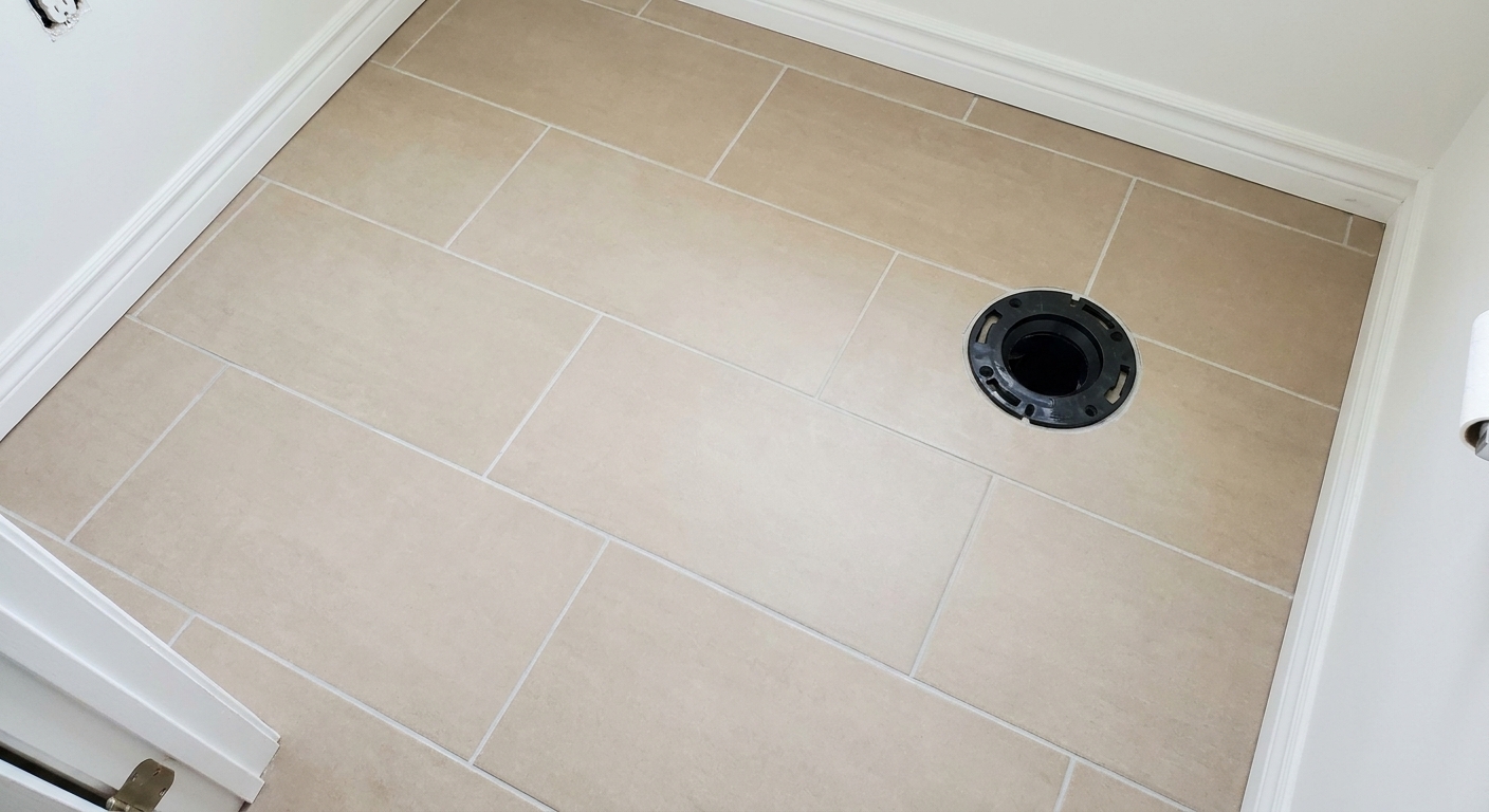 A small bathroom floor tiled with 12x24 porcelain set in a staggered pattern, showing clean thin grout joints around a toilet flange
