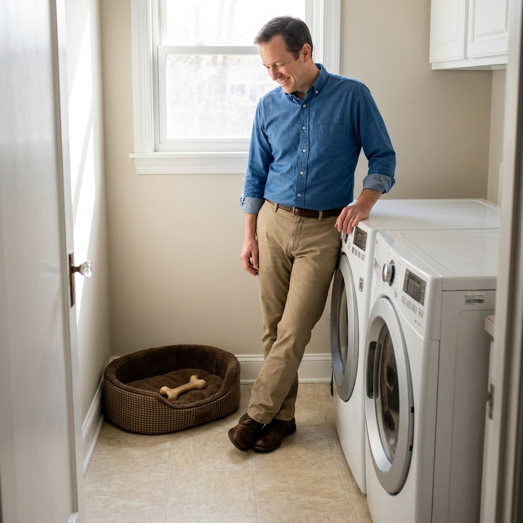 A small laundry room with a neutral sheet vinyl floor, a washer and dryer along one wall, and a pet bed in the corner