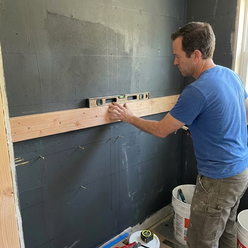 A straight wooden ledger board screwed level across a waterproofed shower wall with pencil layout lines marked for large-format tiles