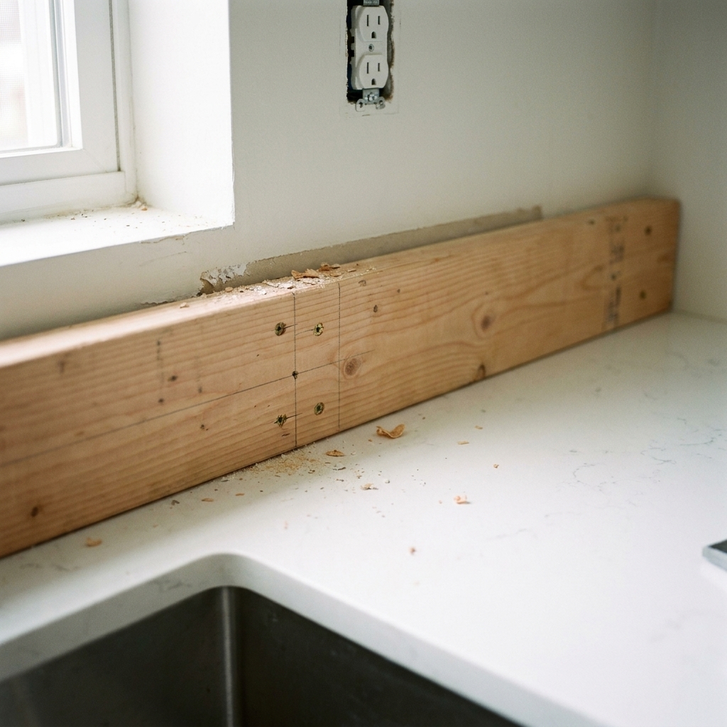 A straight wooden ledger board screwed level to a kitchen backsplash wall, ready to support the first row of subway tile