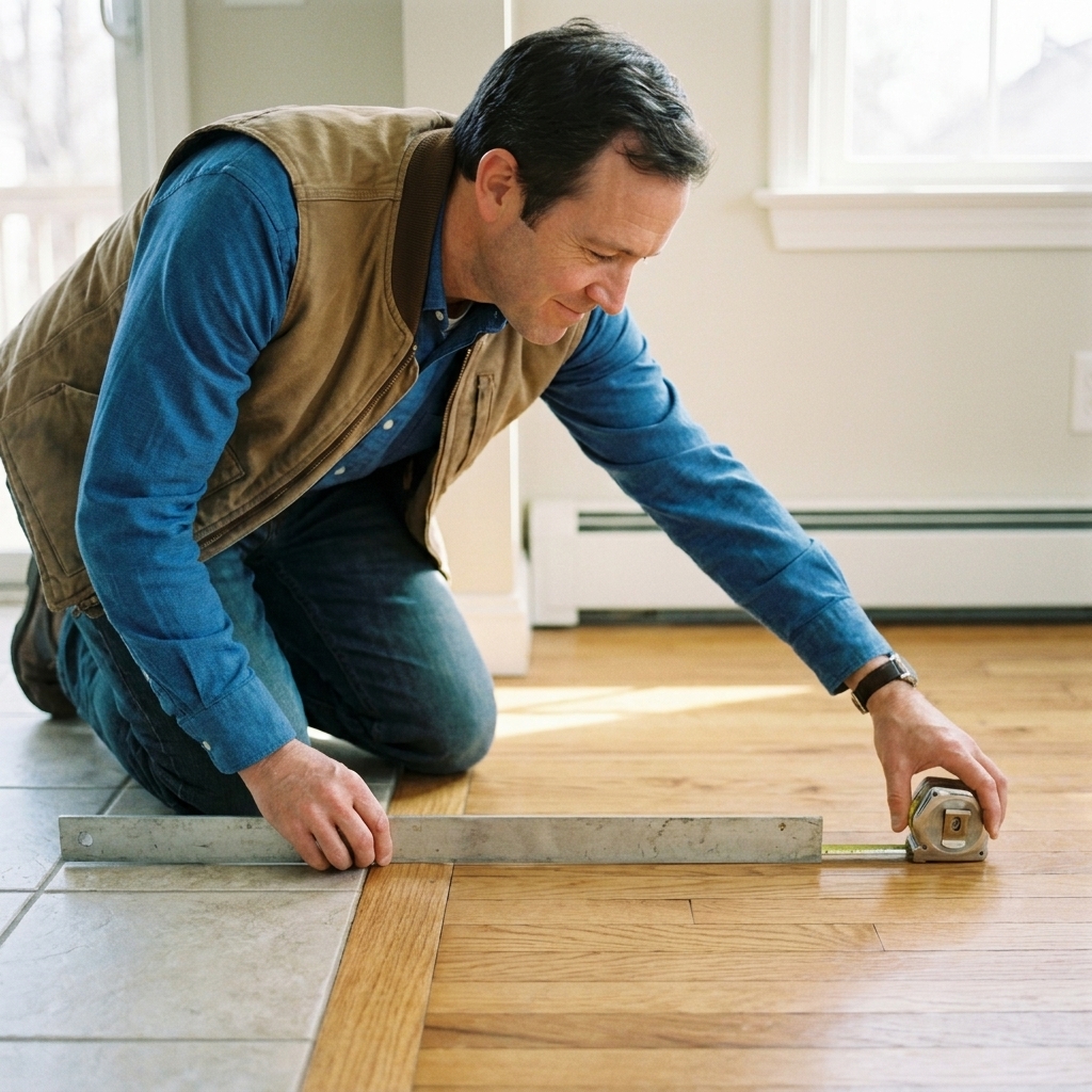 A straightedge spanning a joint between tile and hardwood while a tape measure checks the height difference at the edge