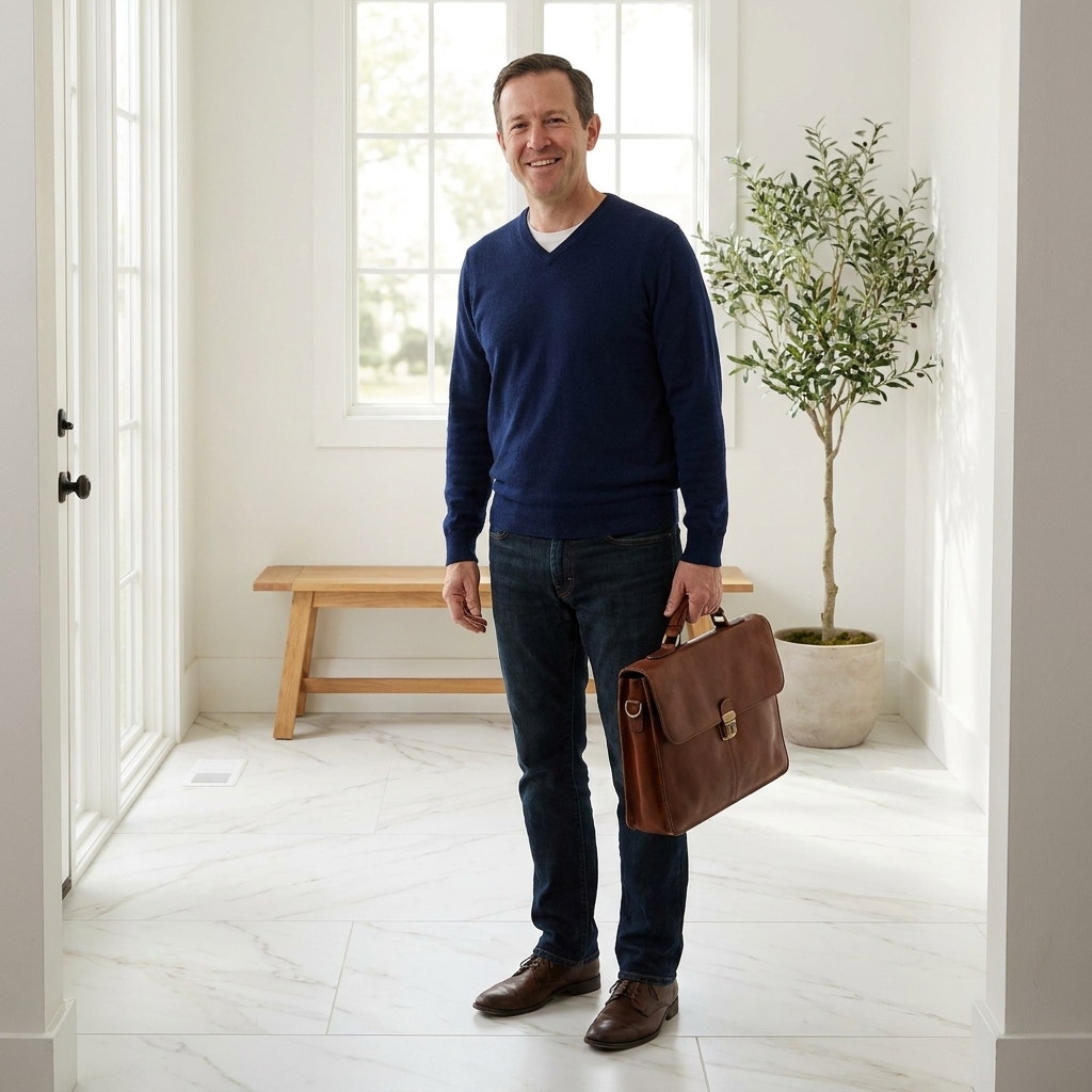 A sunlit entryway with large-format porcelain tiles that resemble white marble with subtle gray veining, minimal grout lines visible