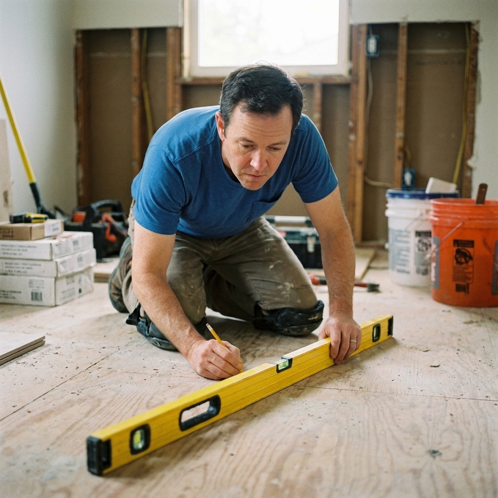 A tile installer kneeling on a subfloor while checking flatness with a long level before installing floor tile, workshop-like home renovation setting