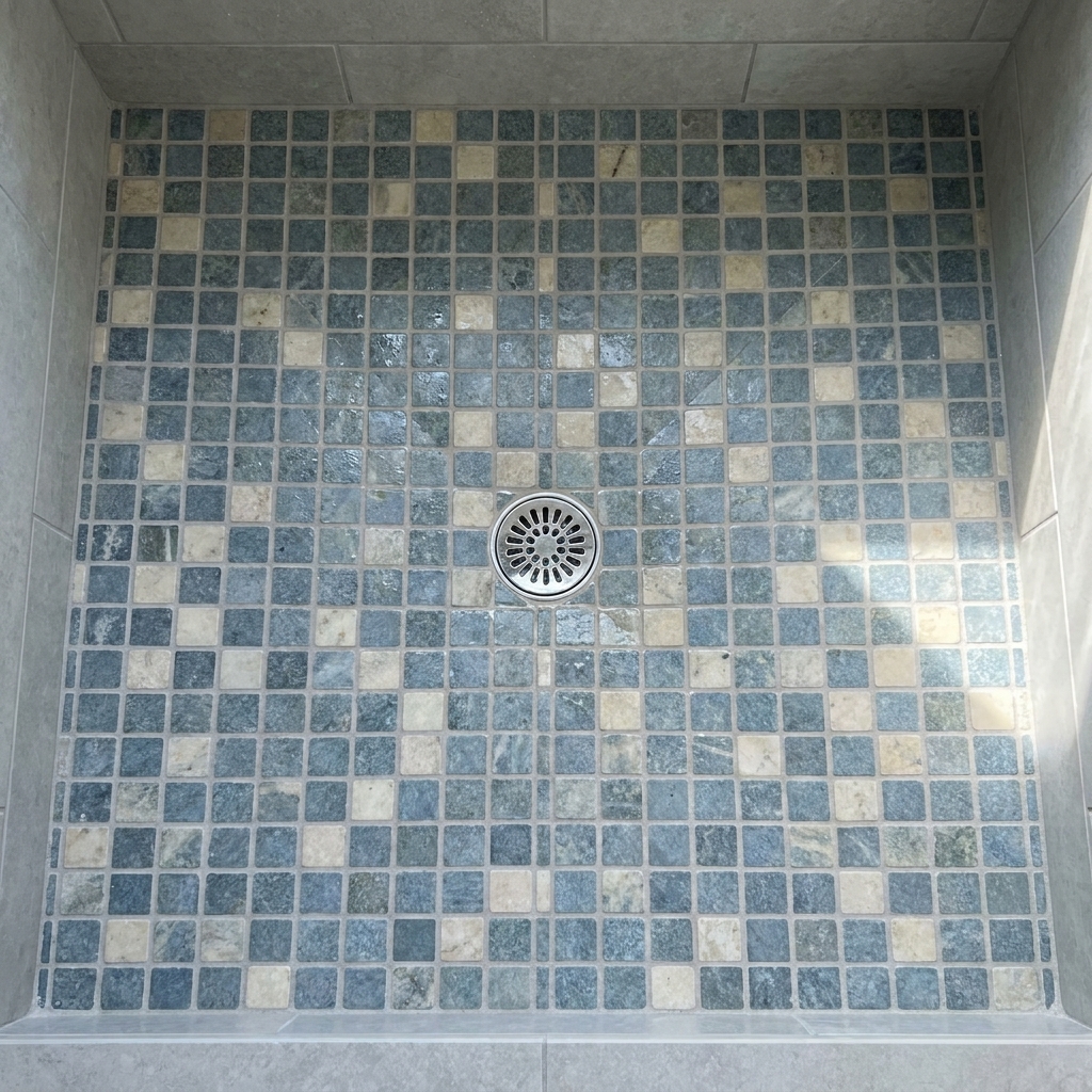 A tiled shower floor with small mosaic tiles sloped neatly toward a round center drain, showing consistent grout joints and clean edges