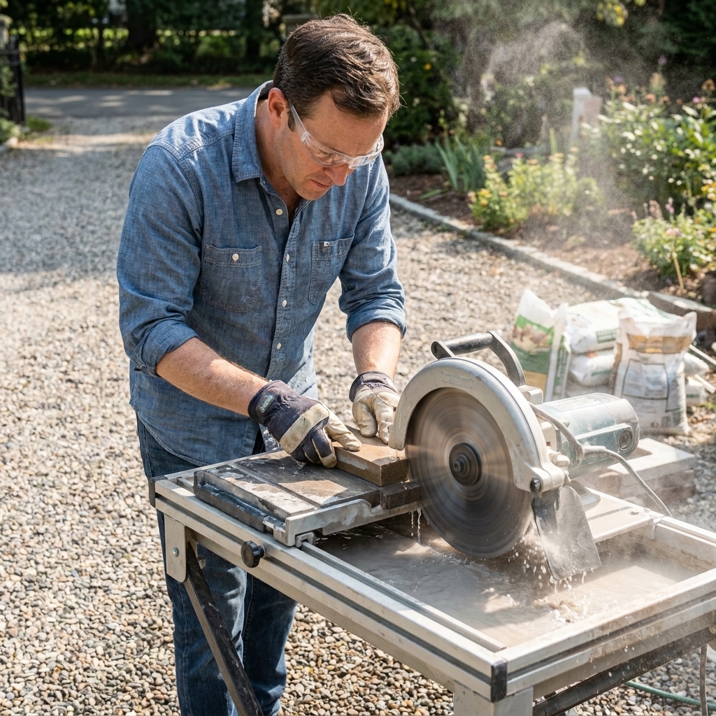 A wet tile saw set up outdoors with a person making a slow cut through a dressing stone on the saw tray while water sprays the blade