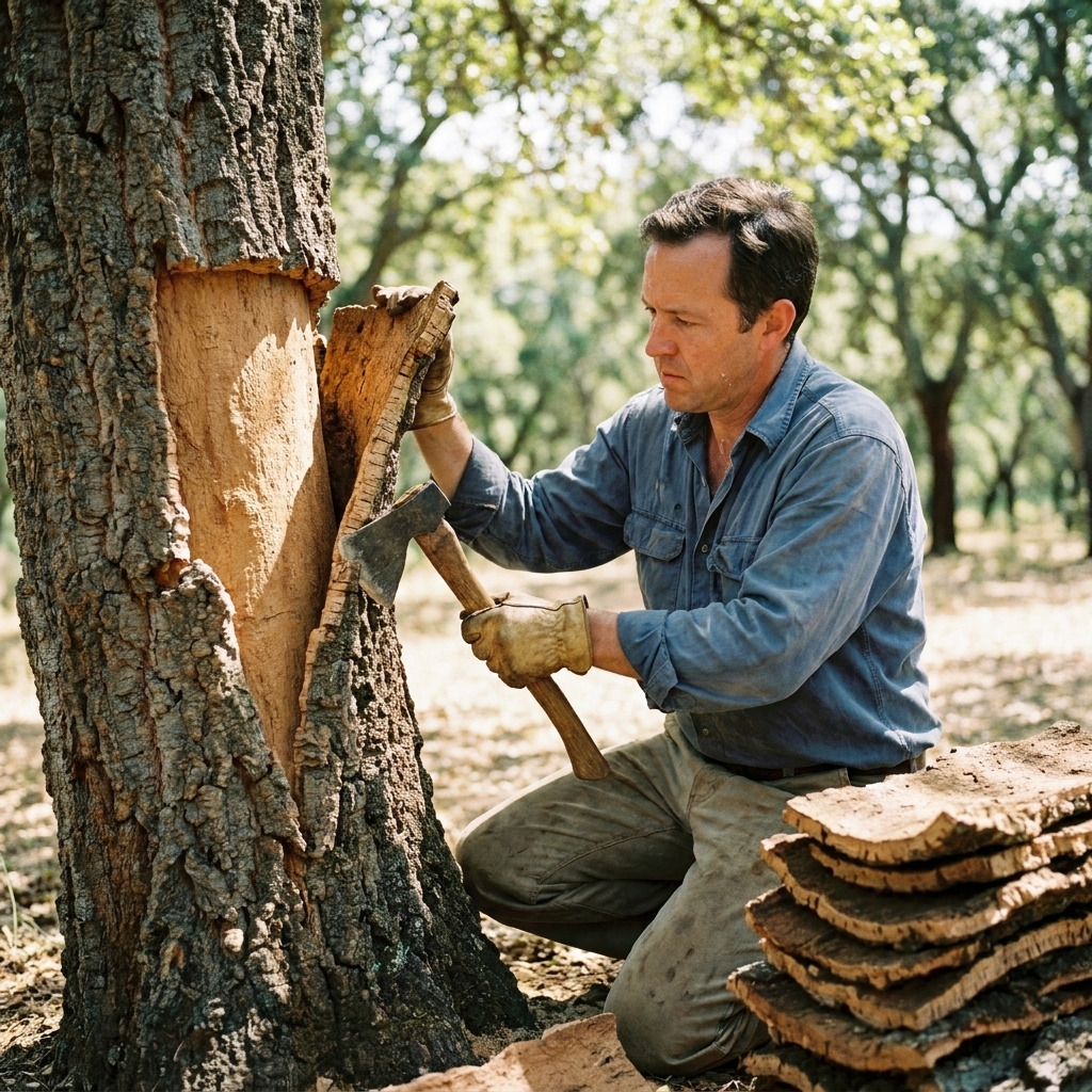 A worker carefully removing bark from a cork oak tree in a grove, with the trunk visible and bark sheets stacked nearby