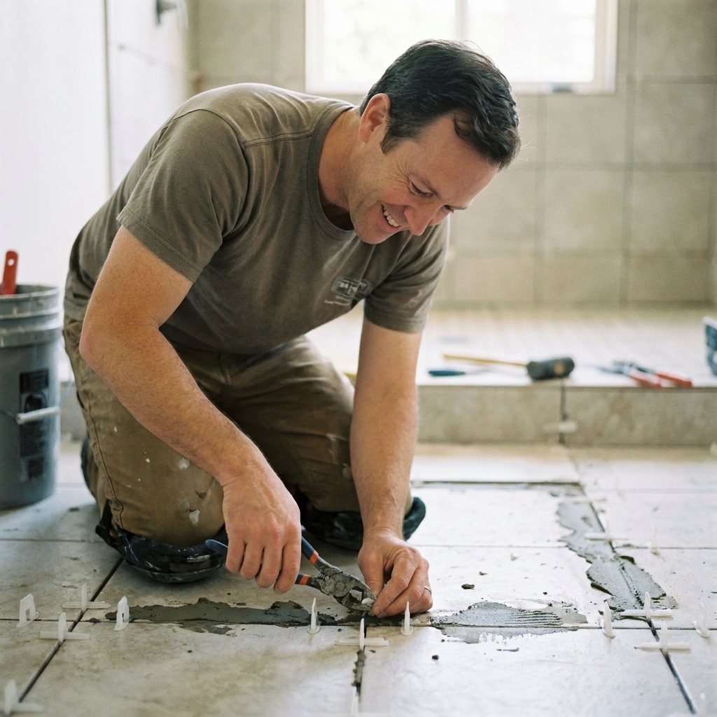 A worker removing tile leveling clip stems after mortar cures, snapping them off cleanly at the grout line