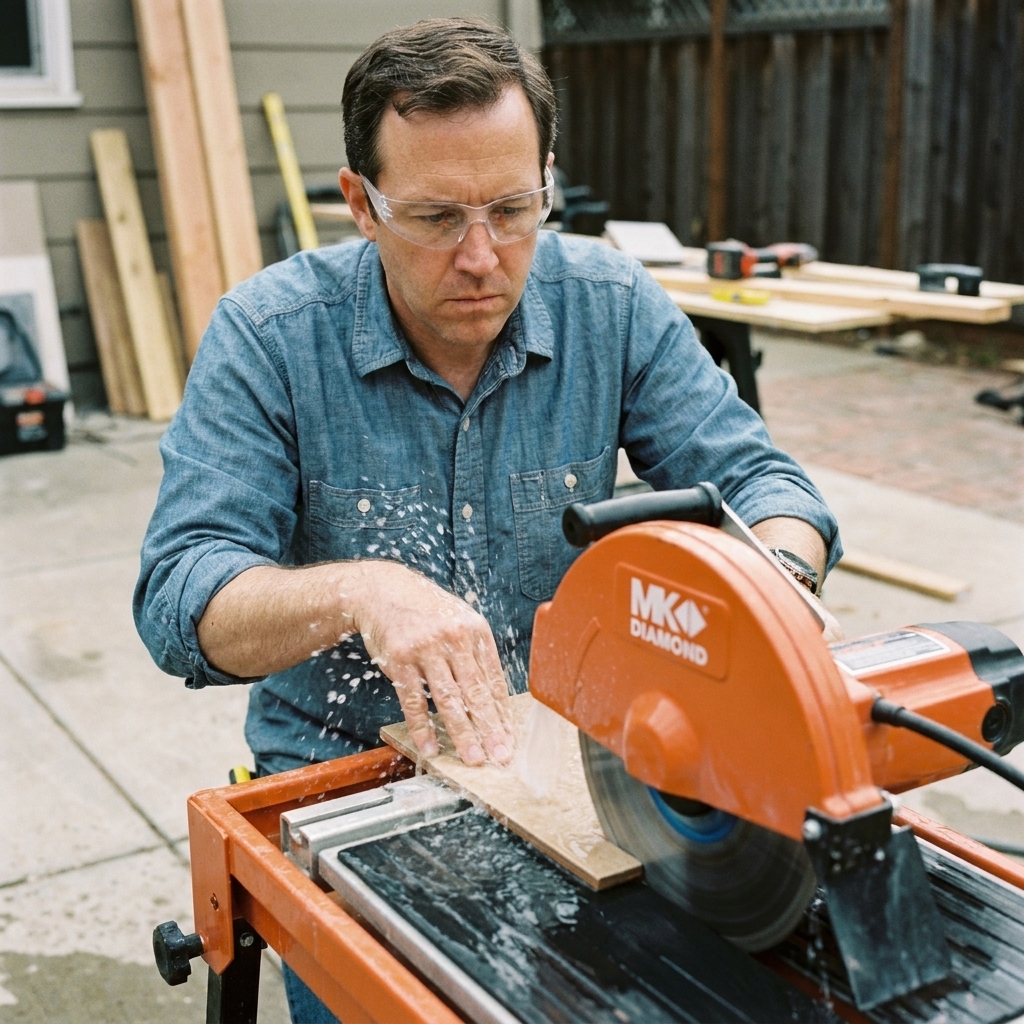 An MK Diamond wet tile saw outdoors with a person wearing safety glasses and pushing a tile through the spinning blade with water flowing