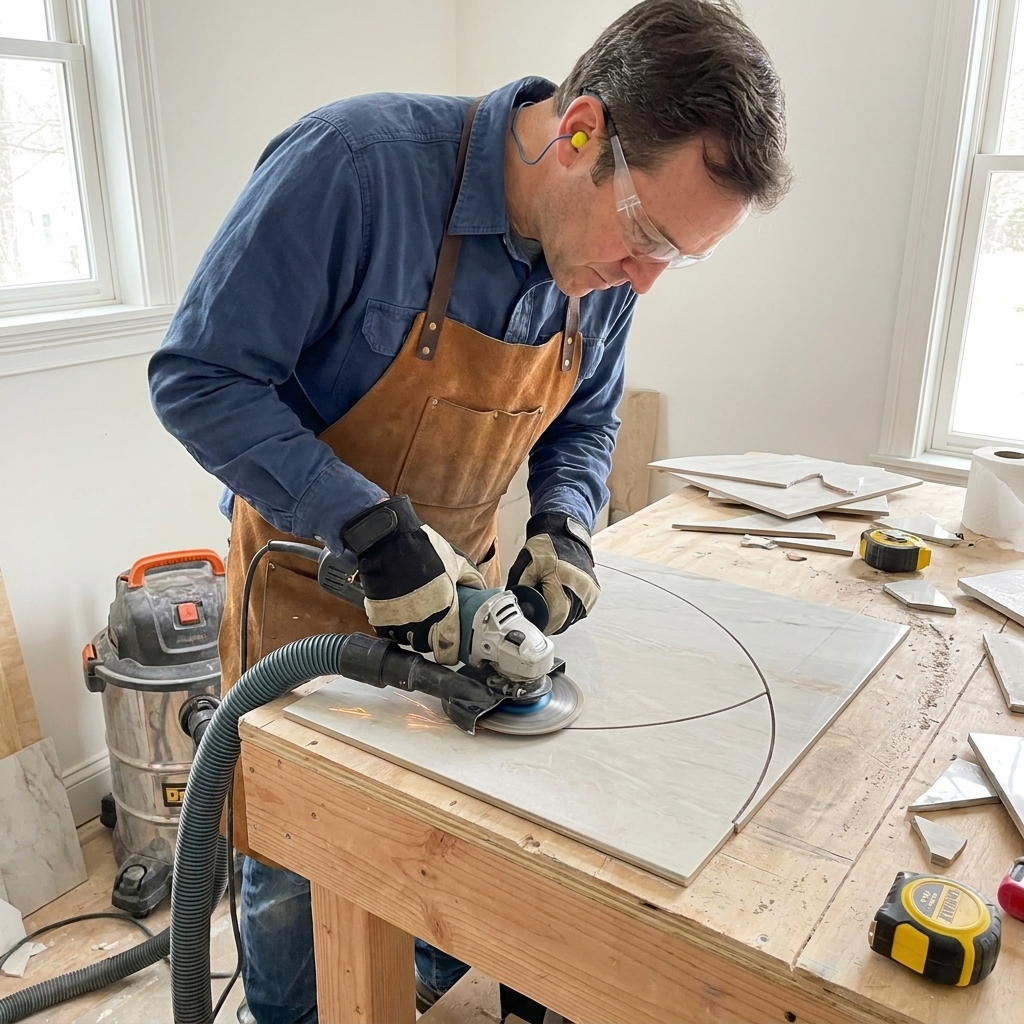 An angle grinder with a diamond blade cutting a curved line in a porcelain tile on a work surface, with dust control set up nearby