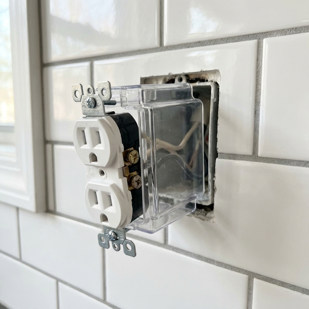 An electrical outlet pulled forward with a clear plastic outlet box extender installed, with subway tile visible behind it