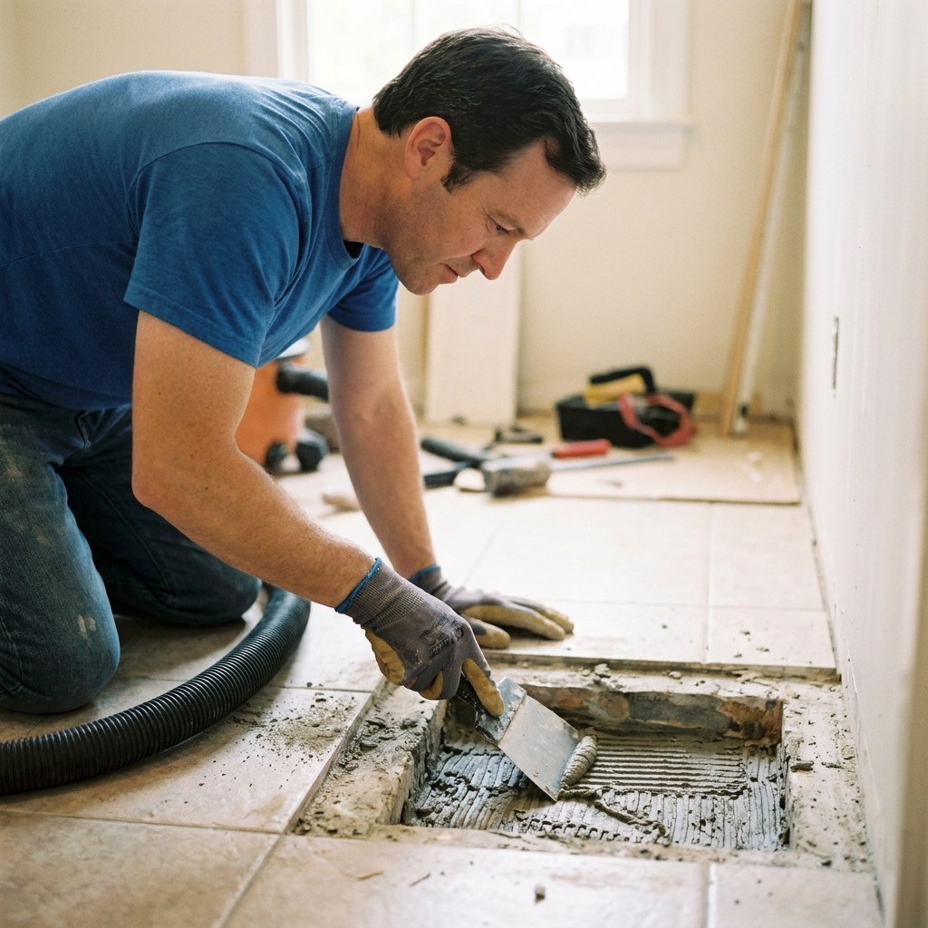 An empty floor tile cavity with old thinset being scraped flat using a stiff putty knife while a shop vacuum hose sits nearby