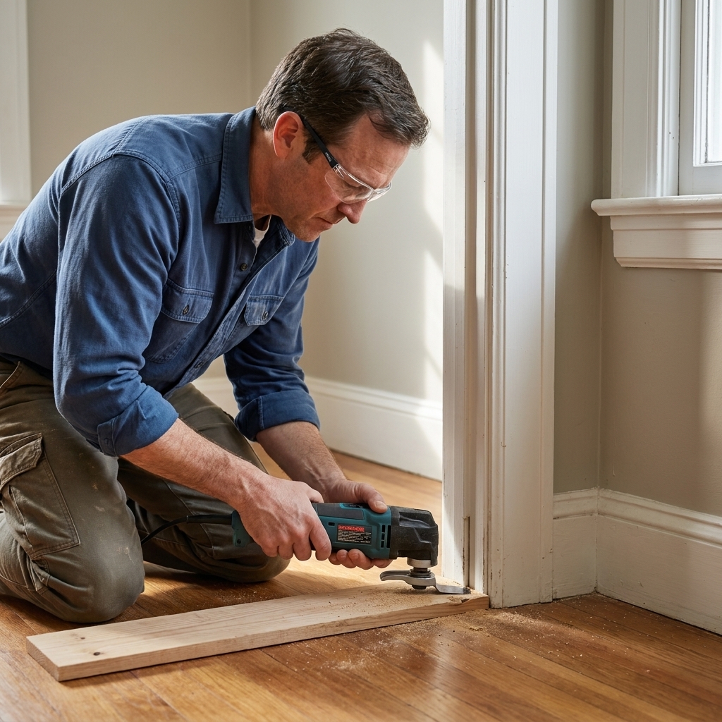 An installer using an oscillating multi-tool to undercut a painted door jamb with a scrap plank used as a height guide