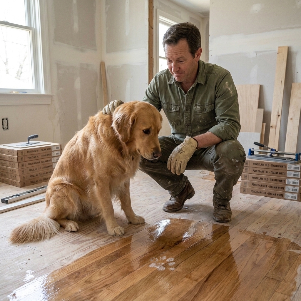 Ben Mitchell crouching beside a golden retriever in a partially renovated living room with fresh flooring, the dog looking guilty near a shiny newly sealed surface
