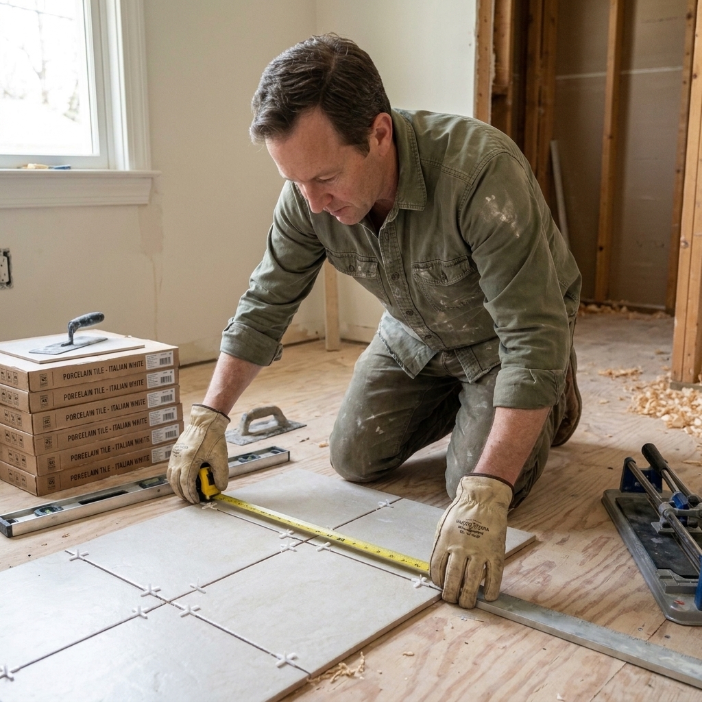 Ben Mitchell kneeling on a subfloor dry laying ceramic tile with spacers and a tape measure, checking alignment for a straight layout in a home renovation space