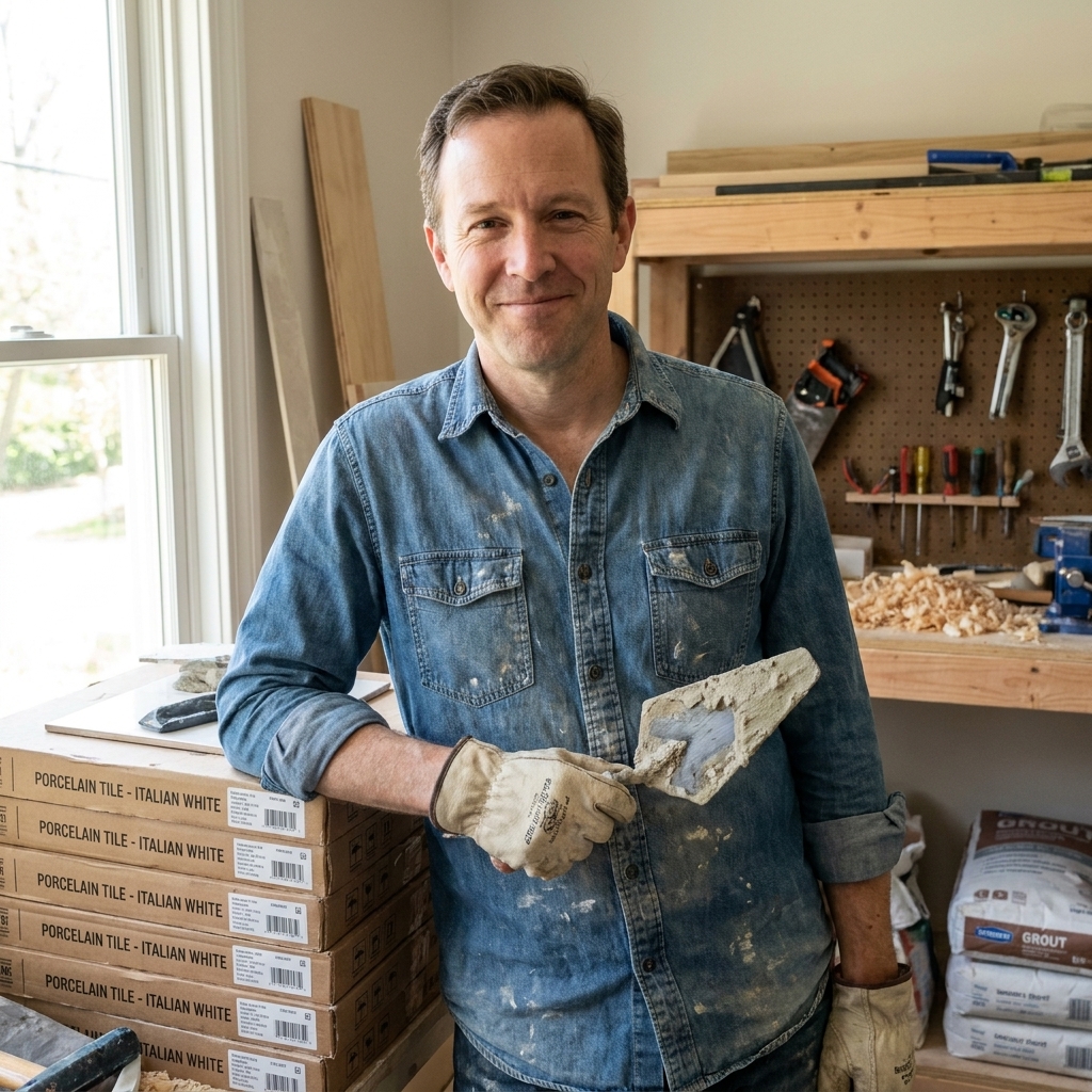 Ben Mitchell standing in a small home workshop holding a tile trowel beside stacked boxes of porcelain tile