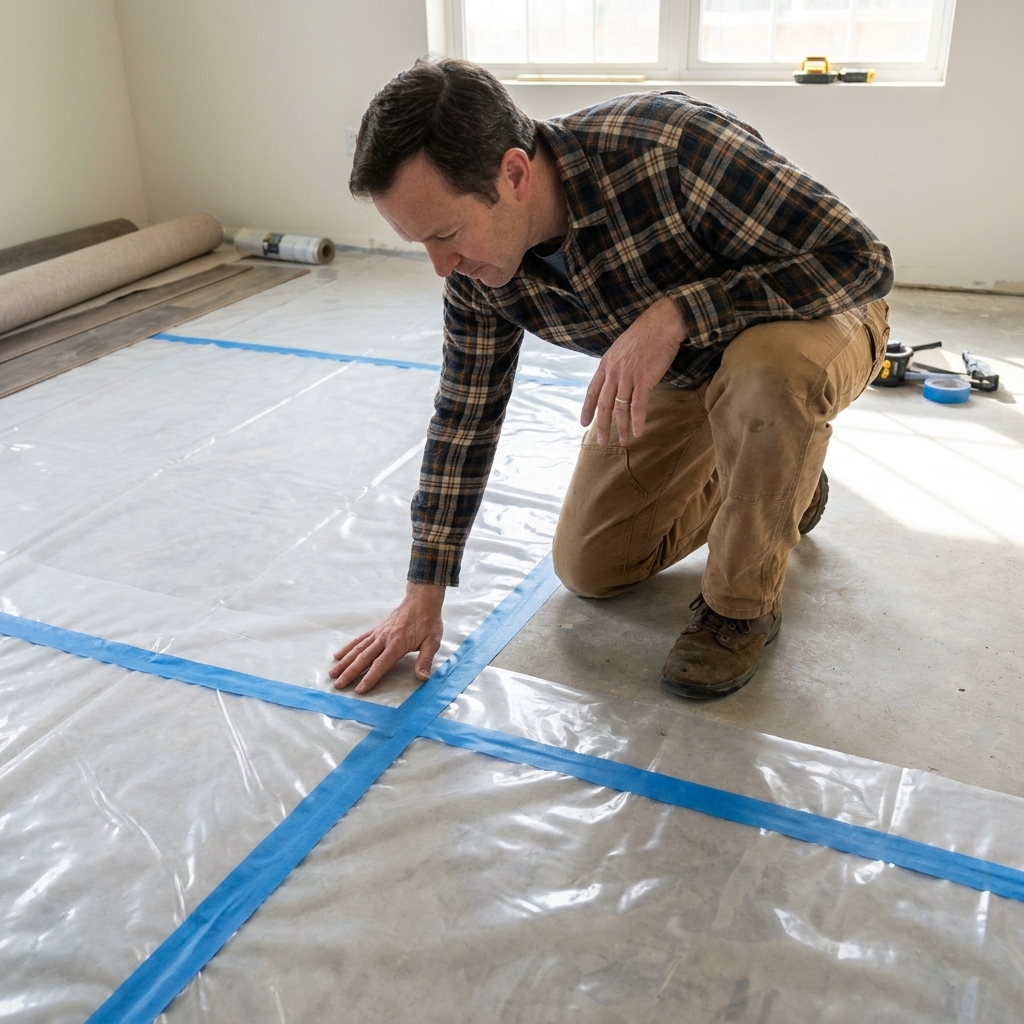 Clear 6 mil polyethylene sheeting laid over a concrete slab with overlapped seams taped for a vapor barrier under floating vinyl plank