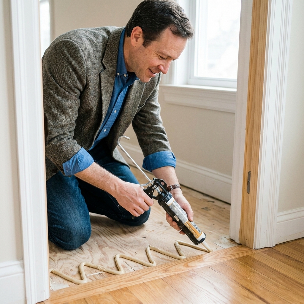 Construction adhesive beads applied to a subfloor in a doorway before installing a reducer transition strip