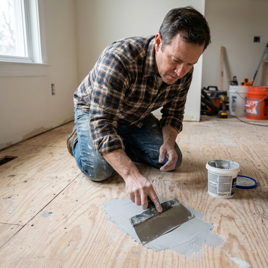 Floor patch compound being feathered smooth with a wide putty knife on a plywood underlayment