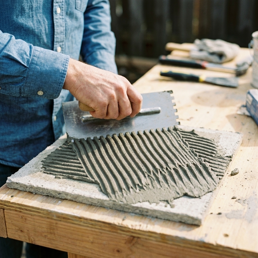 Freshly mixed thinset combed with a notched trowel on a cement board scrap, showing sharp, consistent ridges that stand up
