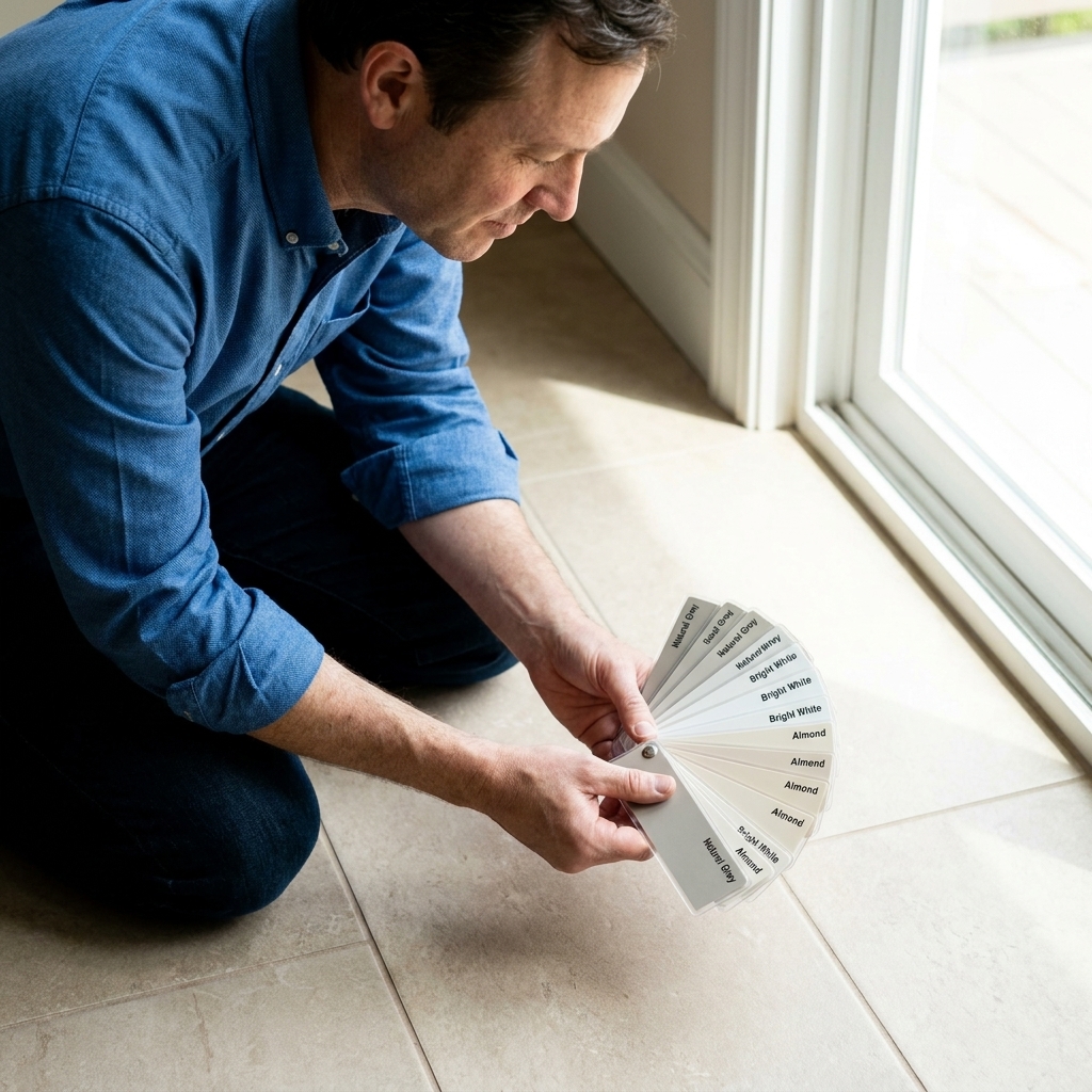 Grout color sample chips held above a neutral porcelain tile floor to compare grout color options in natural daylight