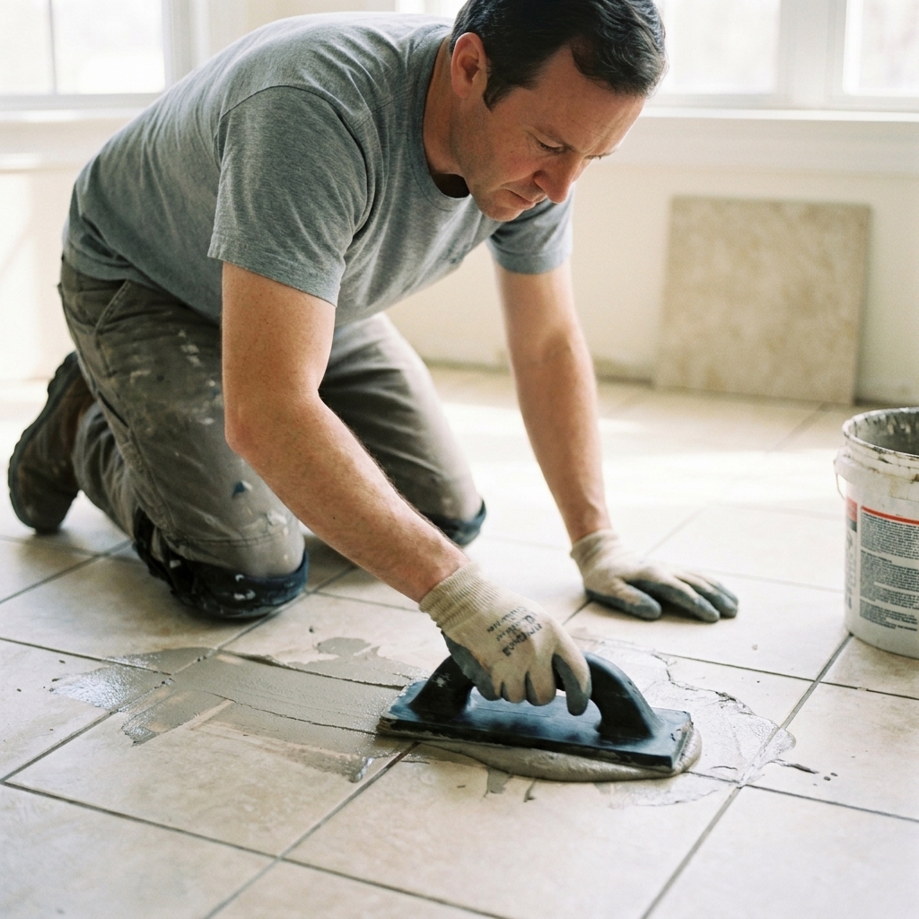 Hands spreading fresh grout diagonally across porcelain floor tiles with a rubber float, packing grout into the joints