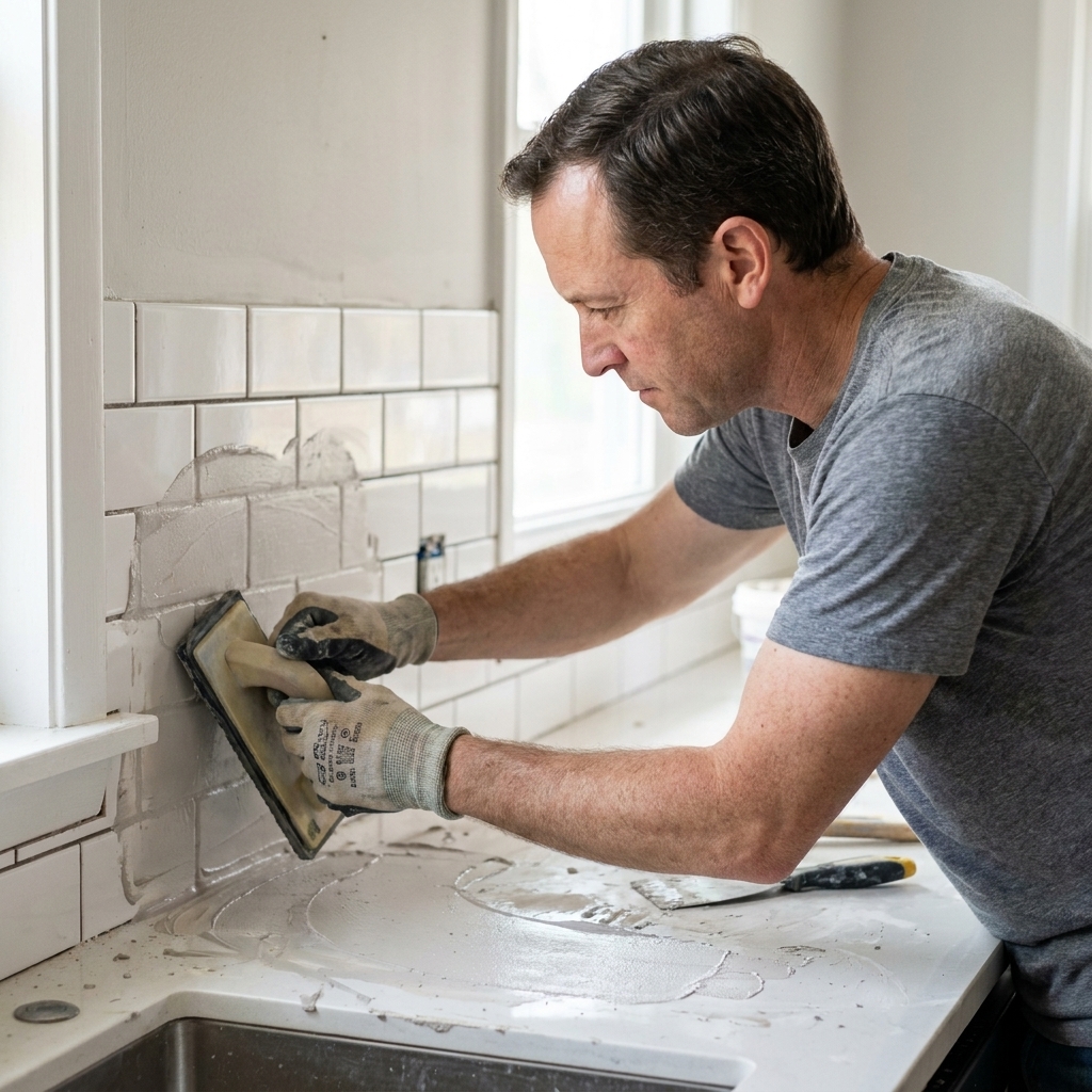 Hands using a rubber grout float to spread light gray grout over a white subway tile kitchen backsplash