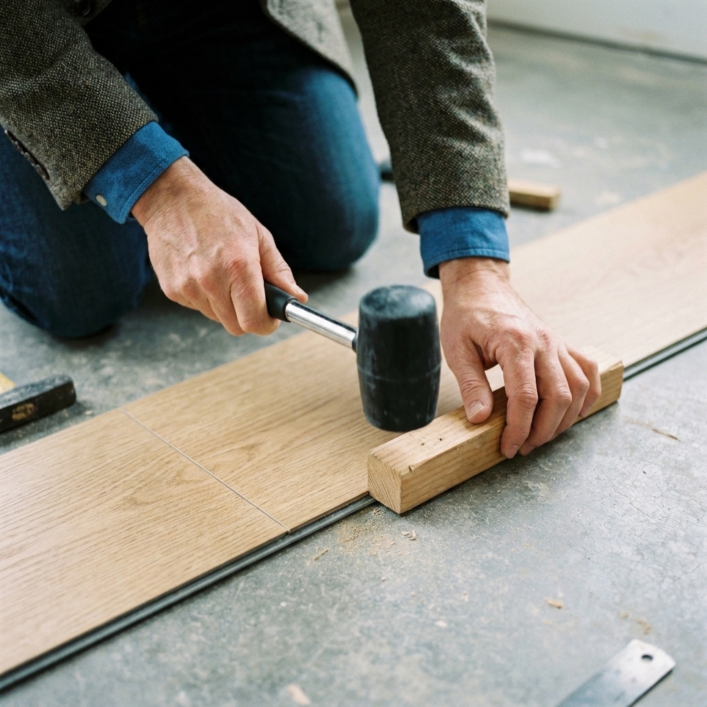 Hands using a vinyl-approved tapping block and rubber mallet to close a click-lock luxury vinyl plank seam on a concrete floor