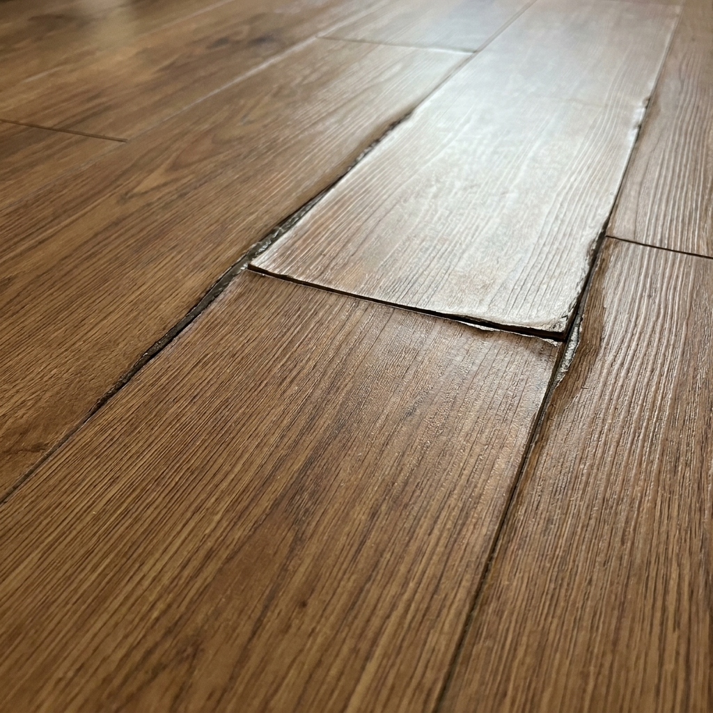 Laminate flooring with visible swelling and raised edges along the plank seams caused by water exposure