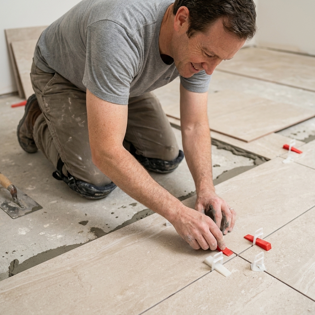 Large format floor tiles mid-install with multiple leveling wedges inserted into clips along the grout lines, with thinset visible at the edges