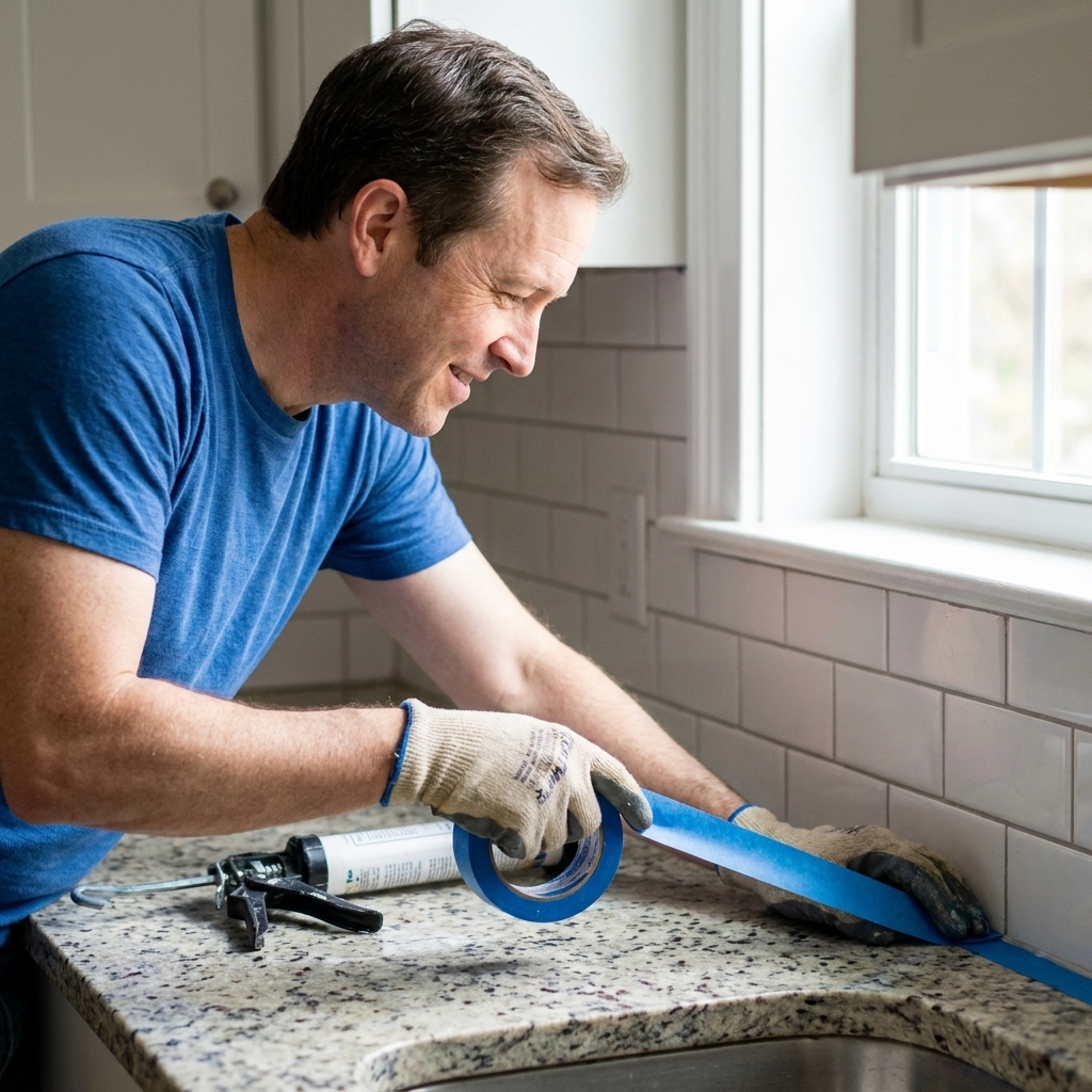 Painter's tape applied along a kitchen countertop and the bottom row of backsplash tile to create straight caulk lines