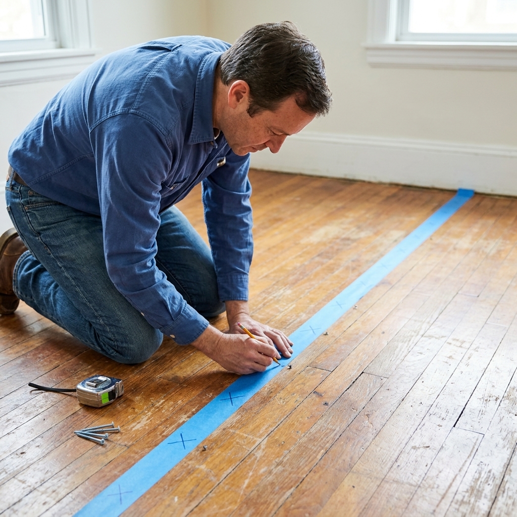 Painter’s tape marks on a hardwood floor showing a joist line and several planned screw locations in a straight pattern