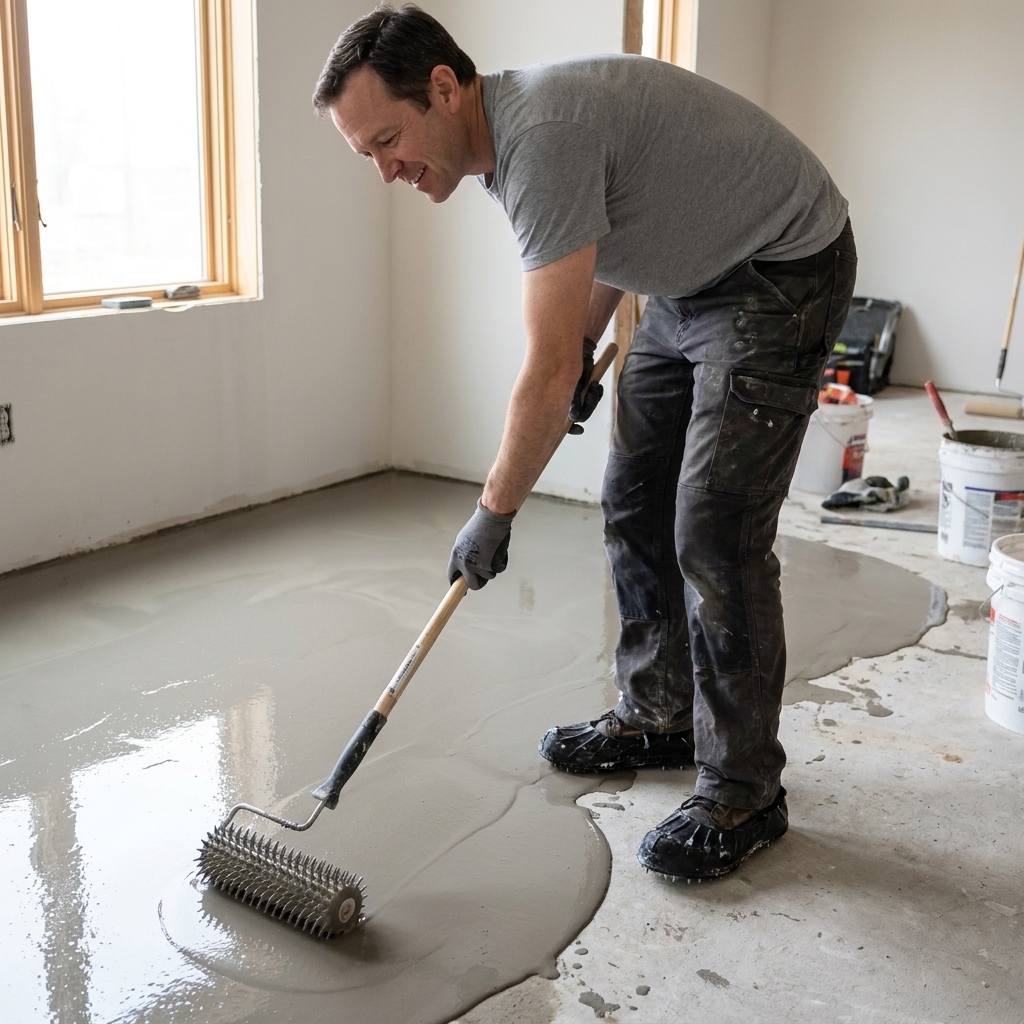 Someone wearing spiked shoes using a spiked roller over freshly poured self-leveling compound on a subfloor