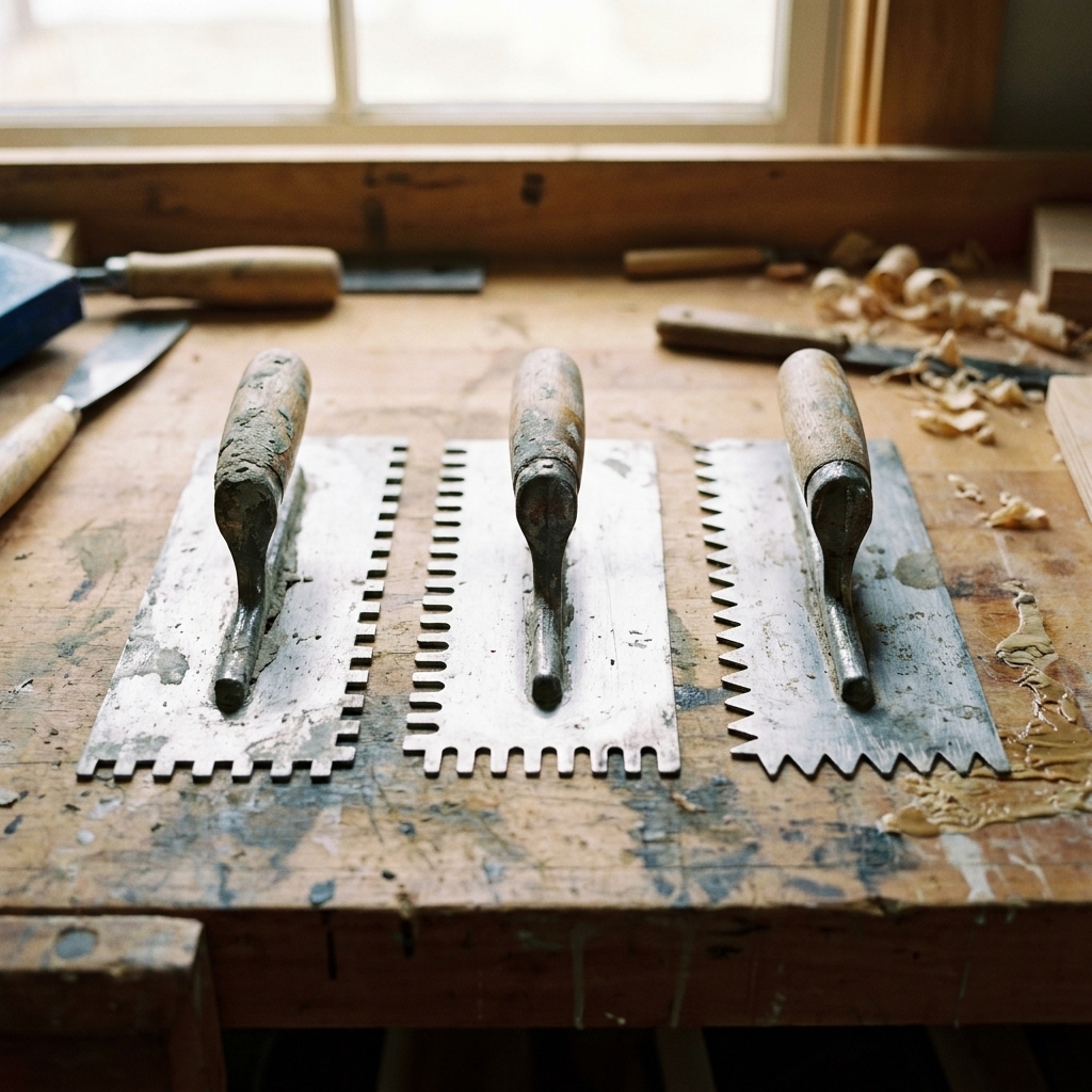 Three notched trowels on a workbench, one with square notches, one with U-shaped notches, and one with V-shaped notches