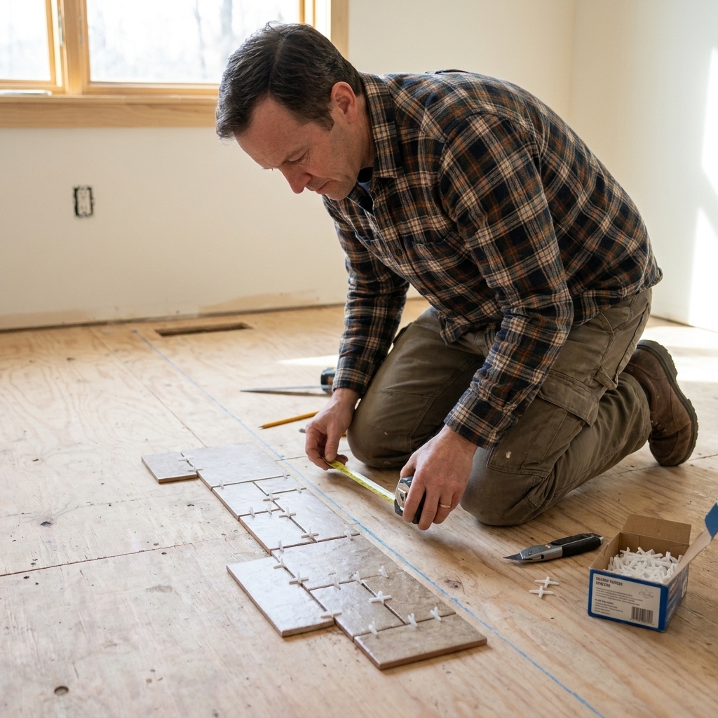 Tile pieces dry-laid on a subfloor with white spacers along a snapped chalk line to test layout before thinset