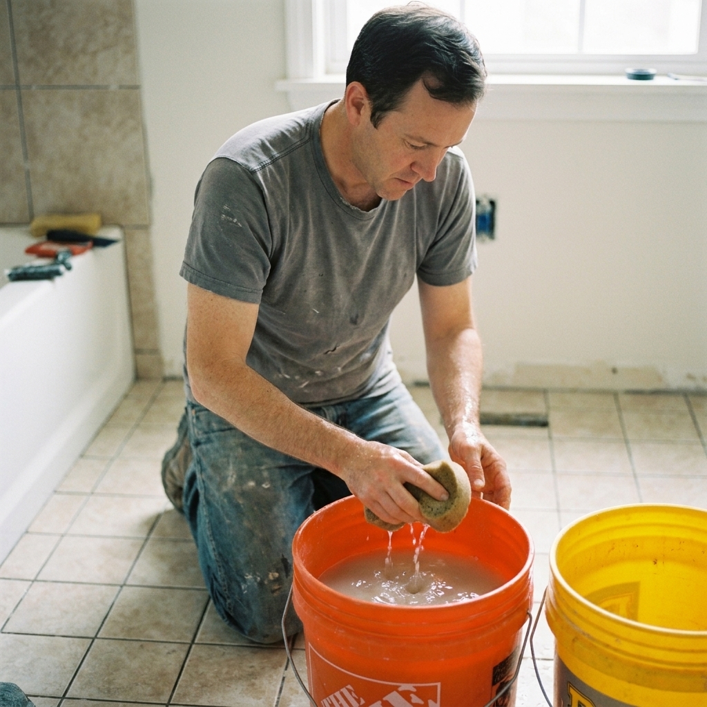 Two buckets of water next to a tiled floor while a grout sponge is being rinsed.