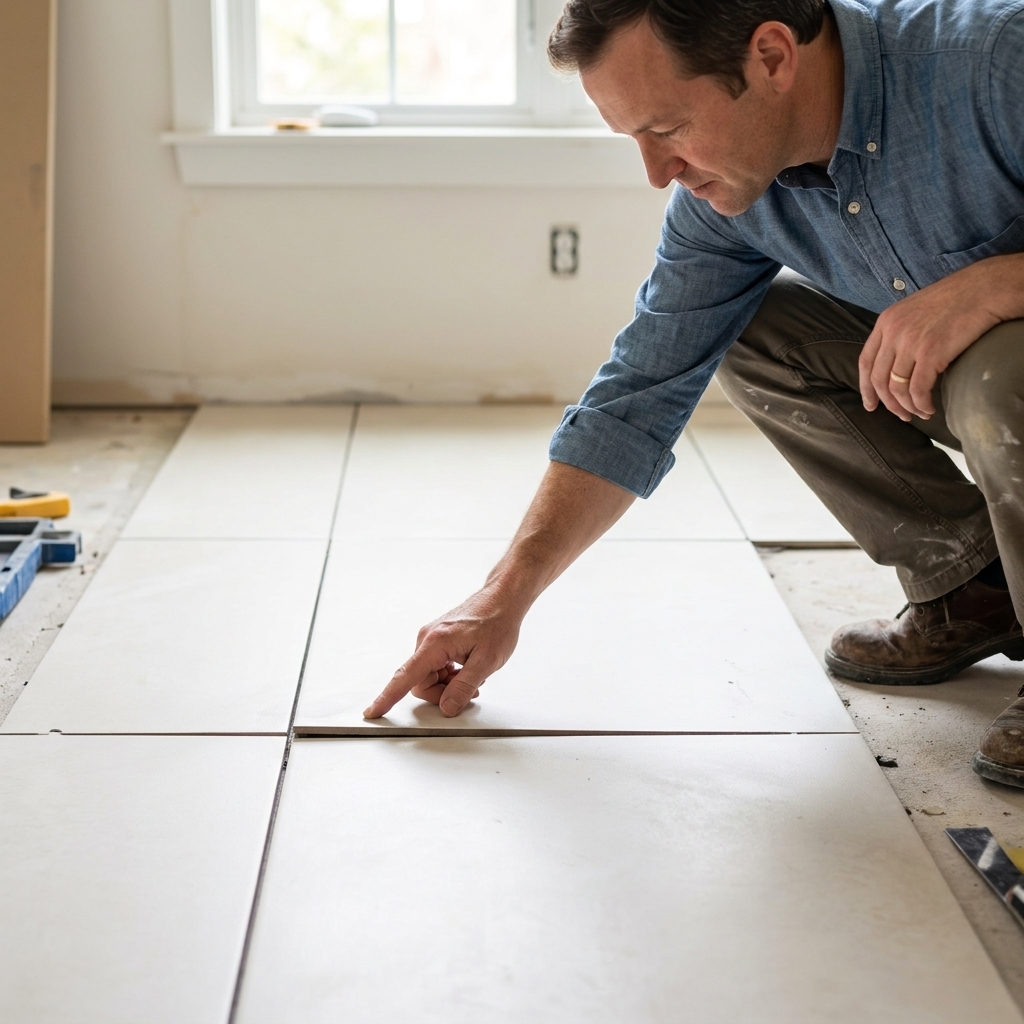 Two installed porcelain tiles where one edge sits slightly higher than the other, showing visible lippage along the grout line