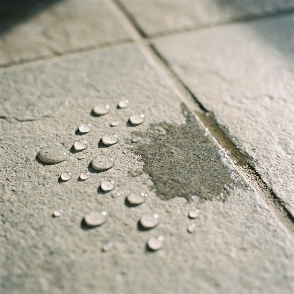 Water droplets sitting on a honed stone tile next to grout lines, with one area slightly darkened where water is absorbing