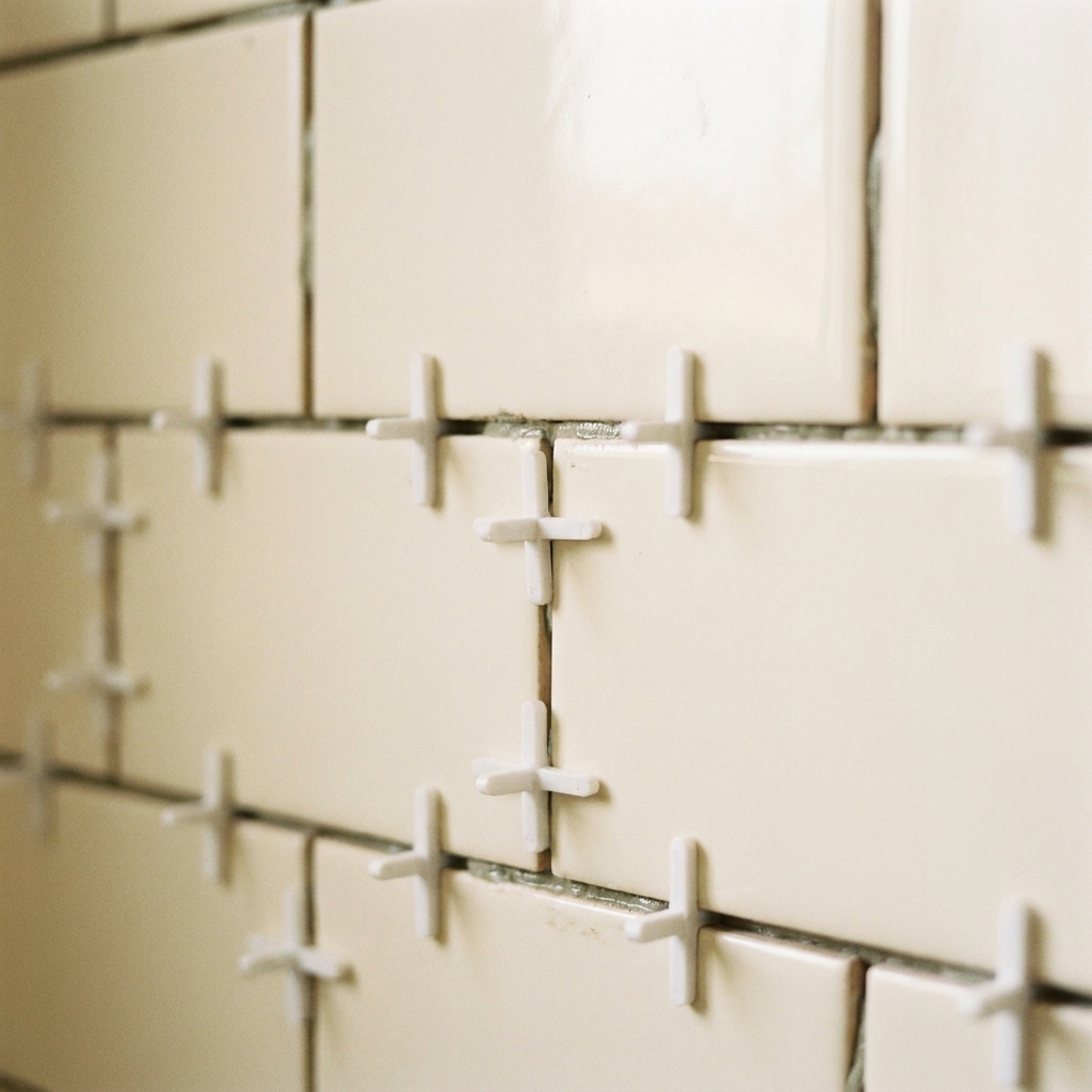 White T-style tile spacers placed between ceramic wall tiles to keep grout joints consistent
