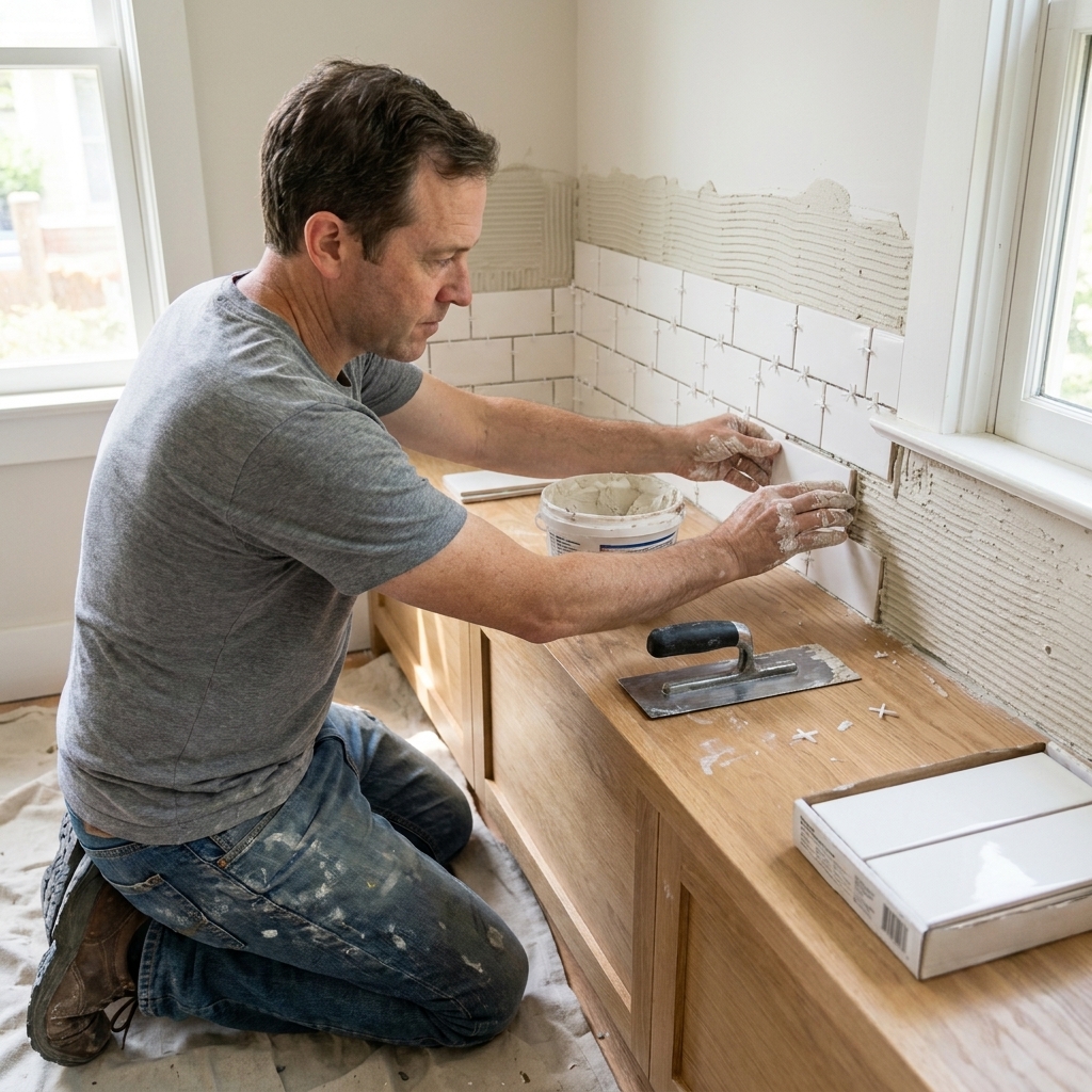 White subway tiles being installed on a backsplash with small plastic spacers evenly placed between grout joints